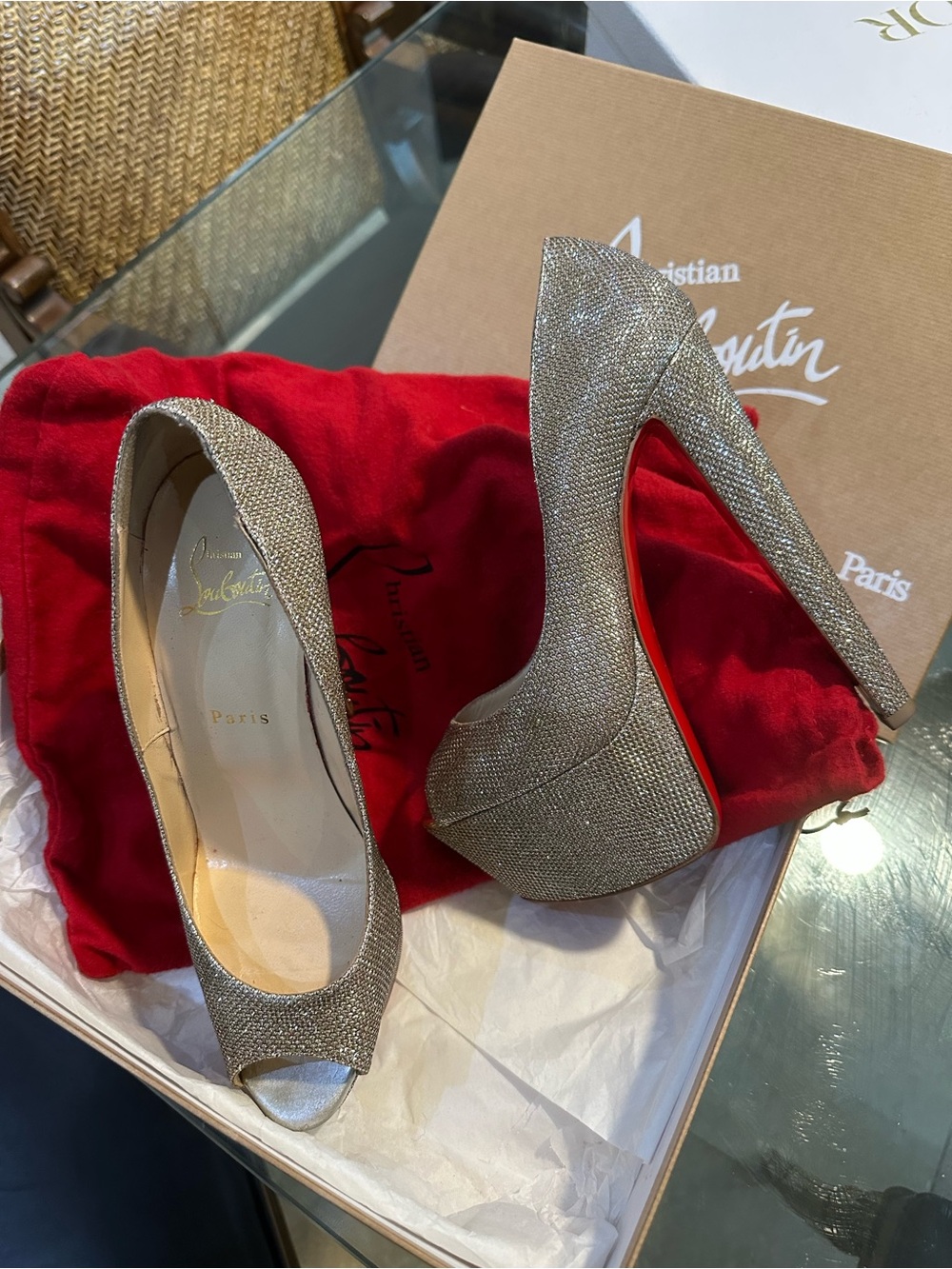 Christian Louboutin Champagne Glitter Peep-Toe Platform Pumps with Red Sole